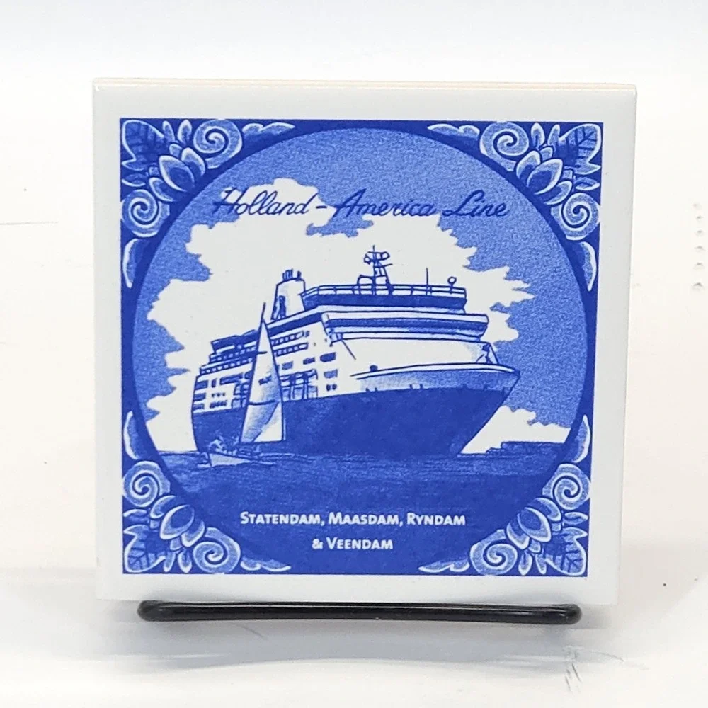 Vtg Holland America Line Tile Coaster Delft Blue Maritime Coastal Decorative 4pc